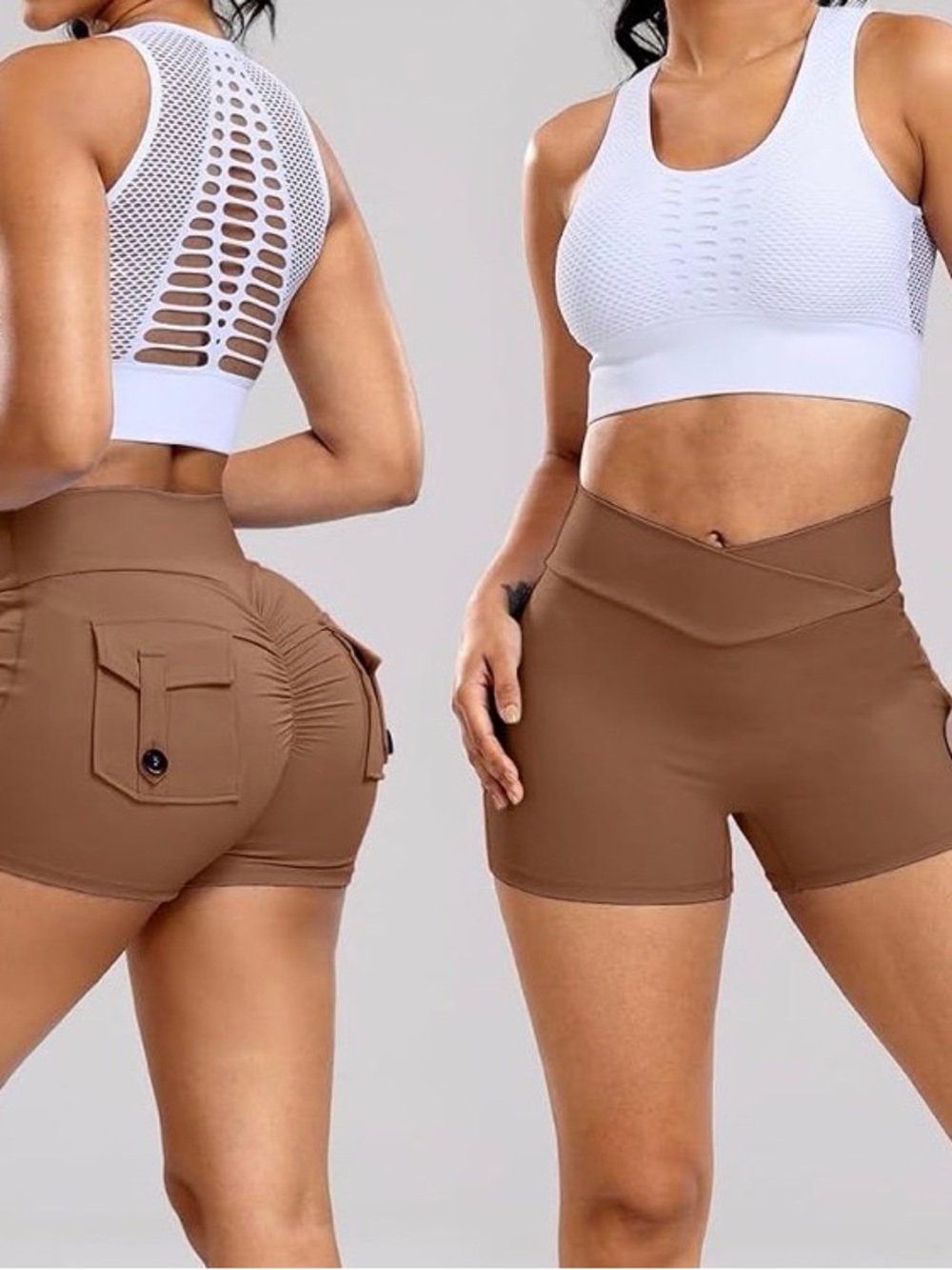 High-Waist V-Cut Cargo Pocket Women’s Shorts — Brown